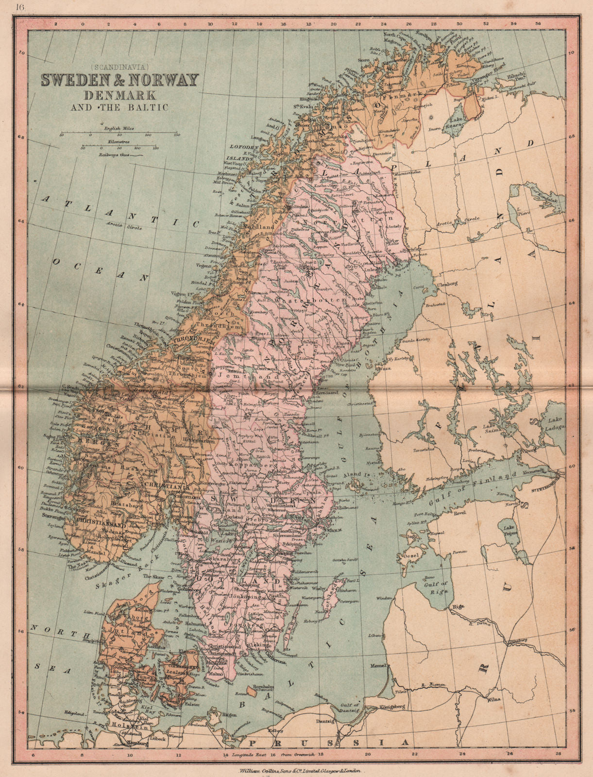 SCANDINAVIA.Denmark shown without North Schleswig.Norway Sweden.COLLINS 1880 map